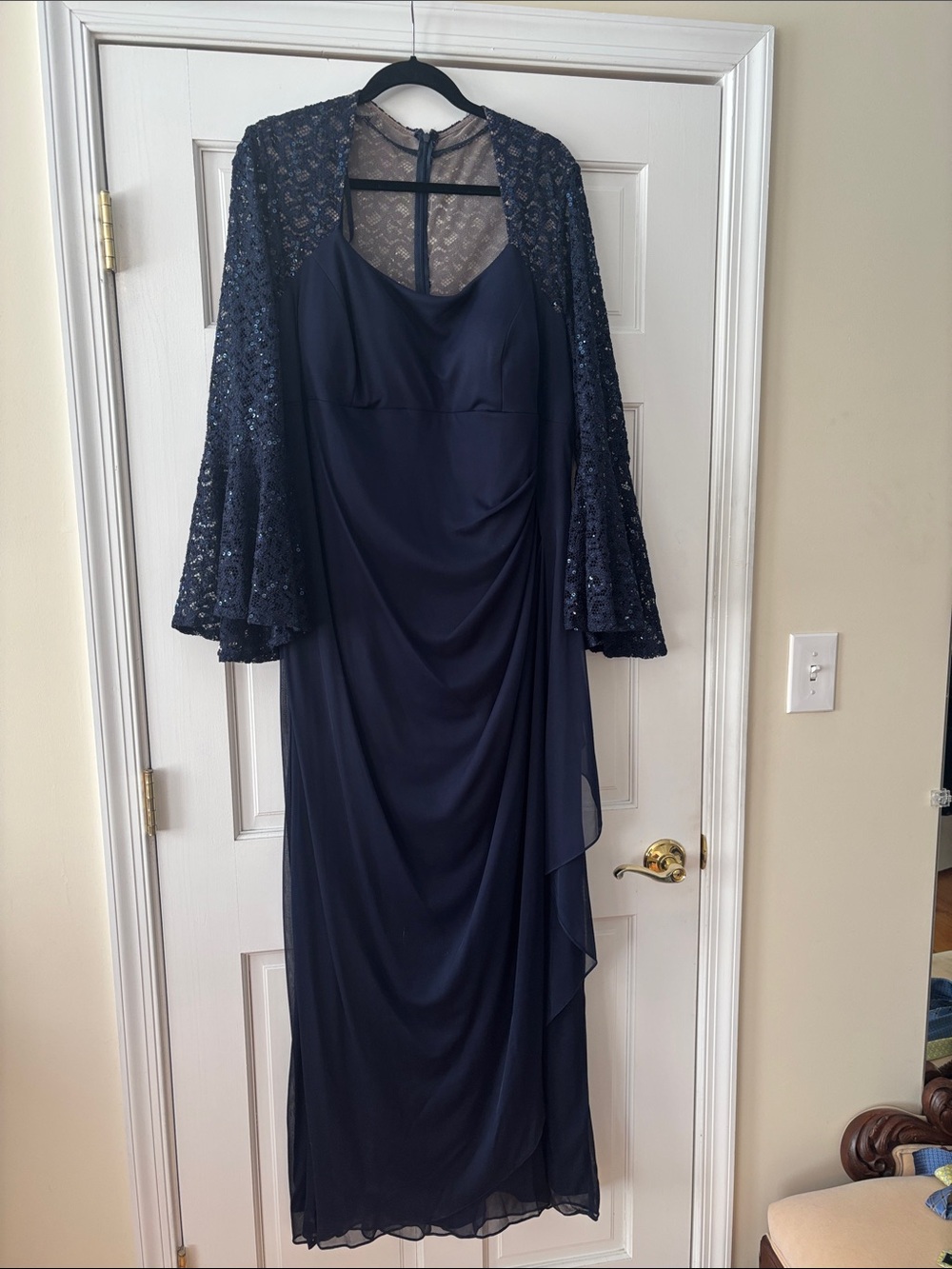 Xscape Navy Lace-Overlay Long Sleeve Evening Gown